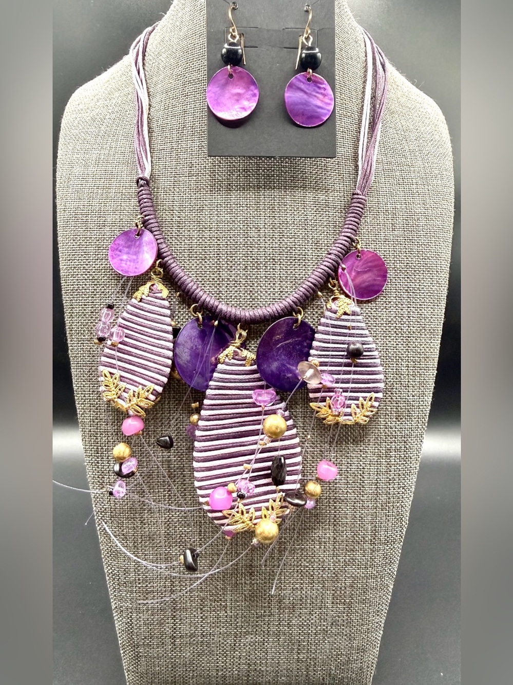 Purple Statement Beaded Teardrop Necklace Set